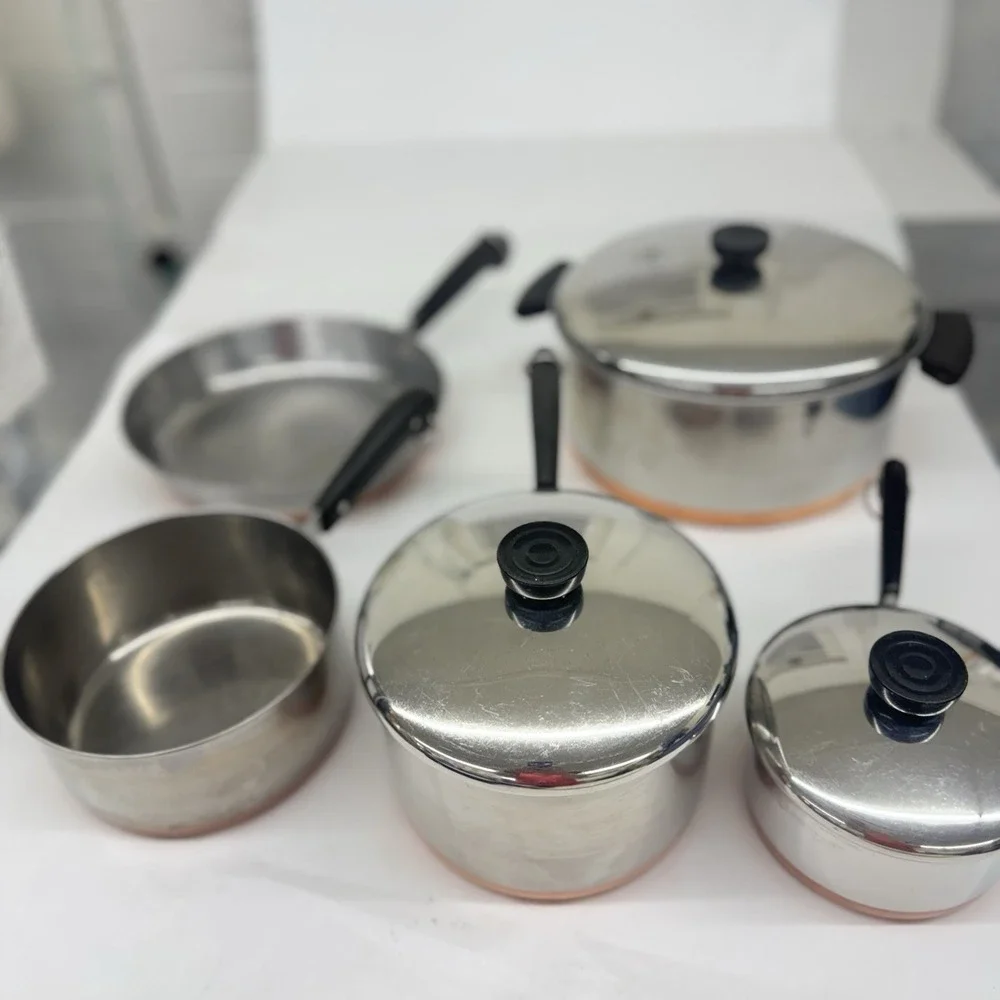 VTG 8 Piece Set Revere Ware 1801 Pots Pans Skillet & Lids Copper Bottom See Pics
